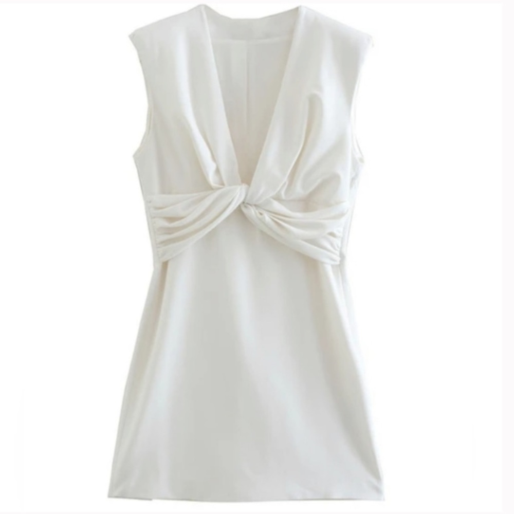 NWT Zara Ecru Shoulder Pads Mini Dress, V-Neck, XS, White